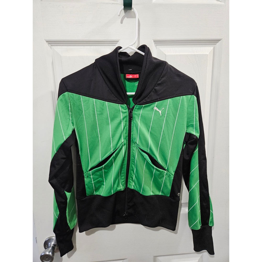 Puma Womens‎ Track Jacket Green Black Pinstripe Zip Up Mock Neck Size XS y2k